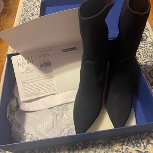 STUART WEITZMAN THE RAPTURE BOOTIE PORTOFINO NAVY STRETCH KNIT FABRIC